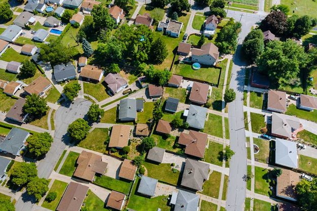 Aerial roofs of the houses in the urban landscape