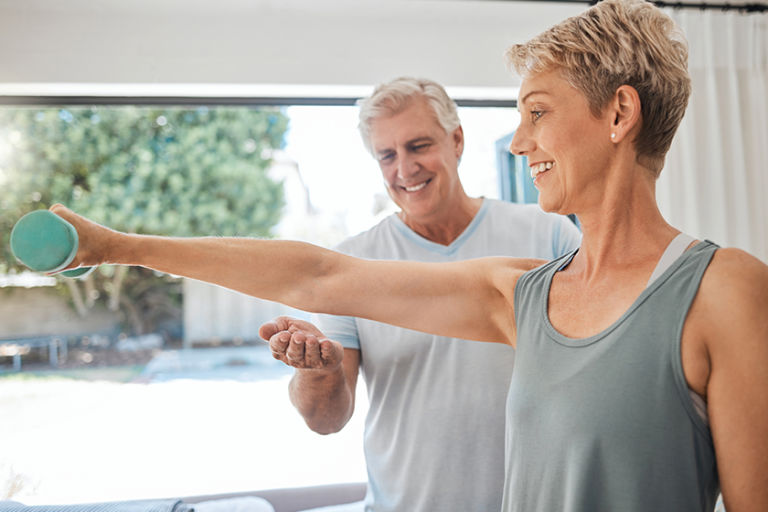 Fitness, health and senior couple doing exercise