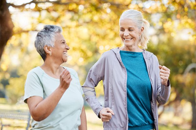 Fitness, friends and running with old women in park