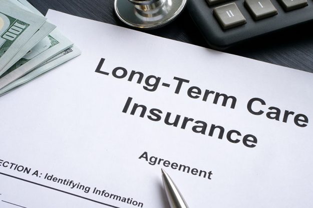 Remove BG Save Share Sample LTC Long-Term care insurance agreement and a pen.