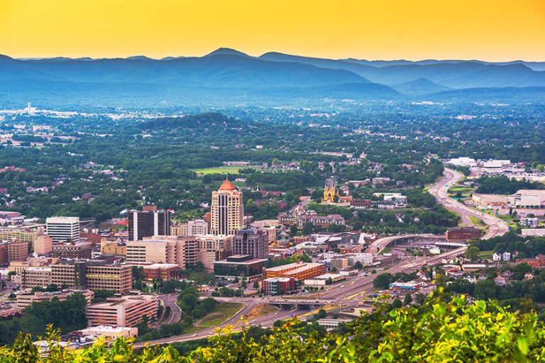 Roanoke, Virginia, USA downtown skyline from above at dusk.